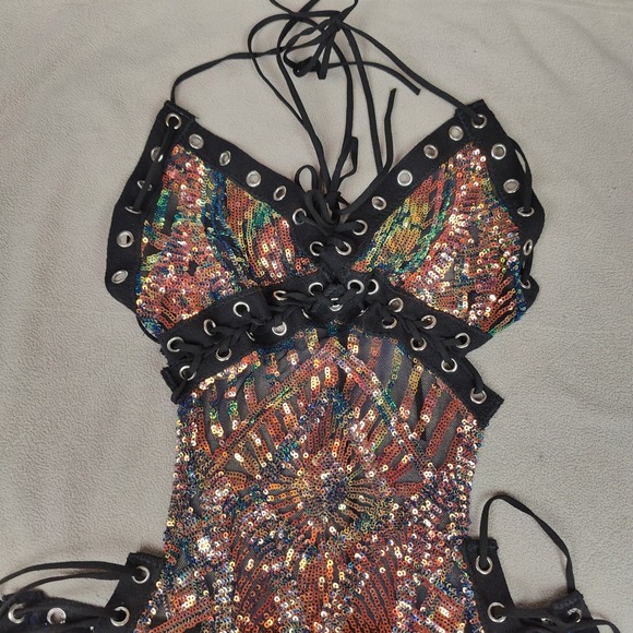 Disco Lemonade Lace Up Halter Dress Womens Medium Fairy Rave Sequin Pink Green - Picture 4 of 9